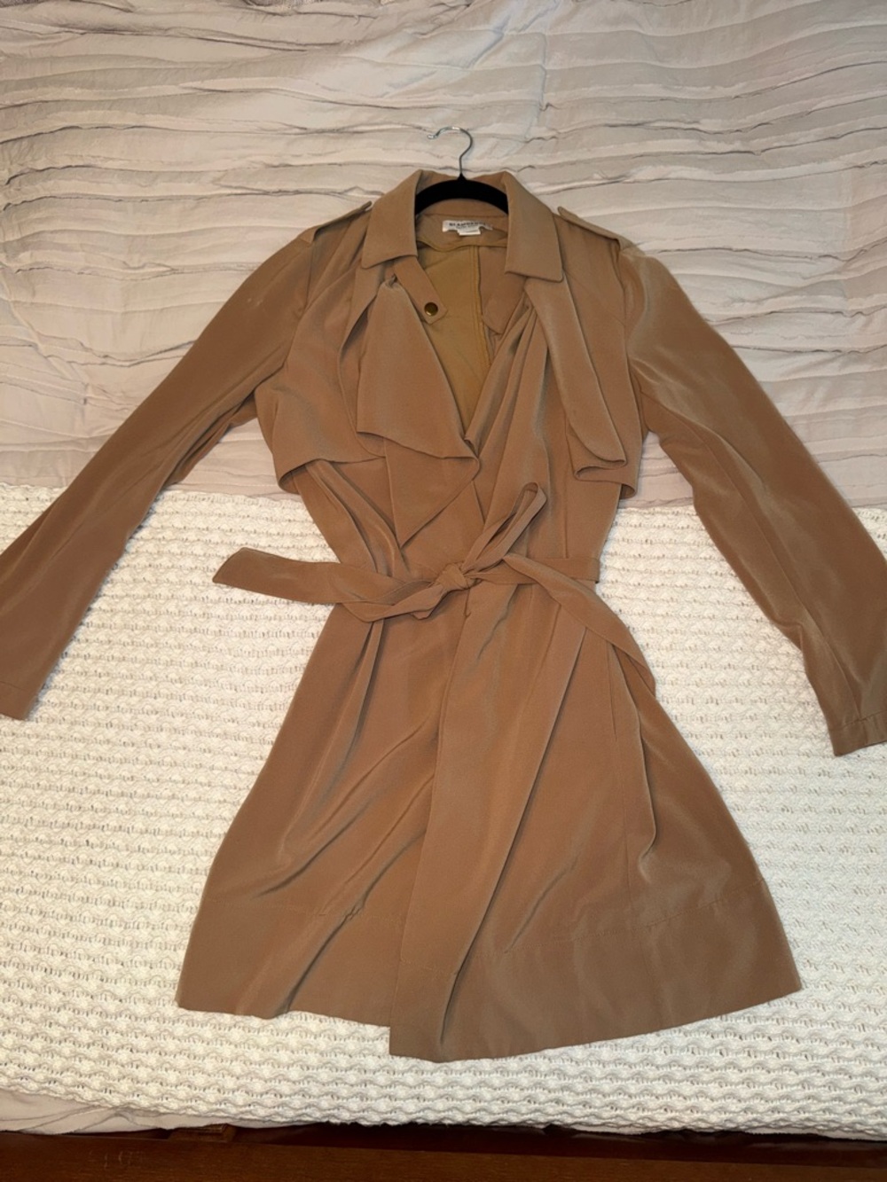 Glamorous Long-Sleeve Tie-Waist Trench Dress in Camel